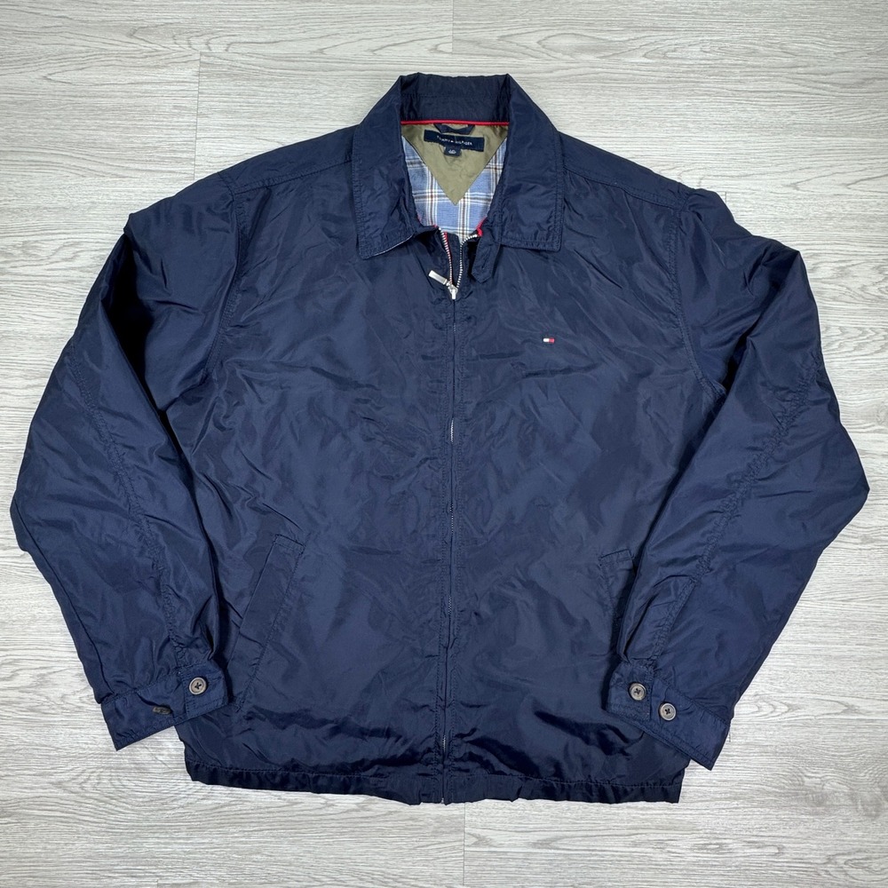 Tommy Hilfiger Men's Jacket Windbreaker Navy Blue Large Plaid Lined Full Zip